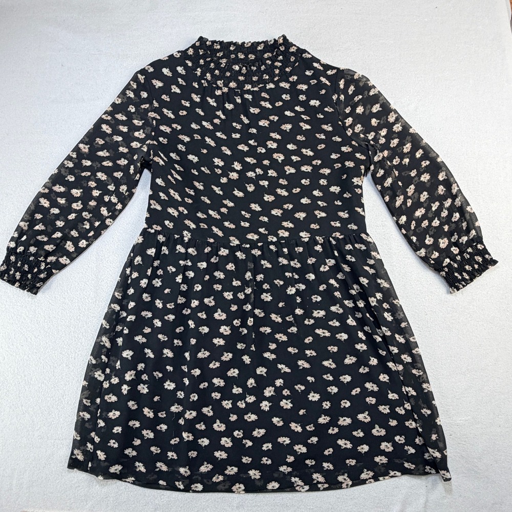 Madewell Daisy Floral Smocked Mock Neck 3/4 Sleeves Mini Dress Black Womens Sz M